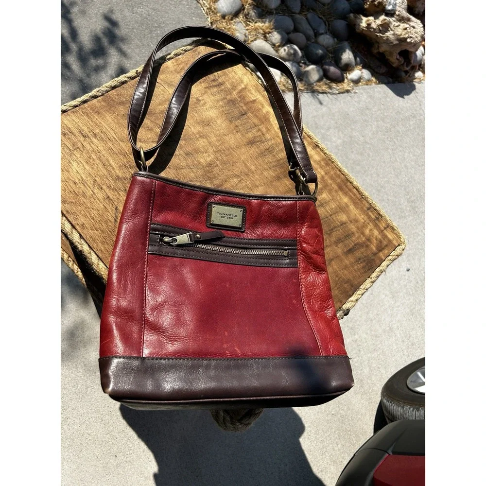 Tignanello Red Brown Genuine Leather Crossbody Shoulder Bag Purse Organiser VTG